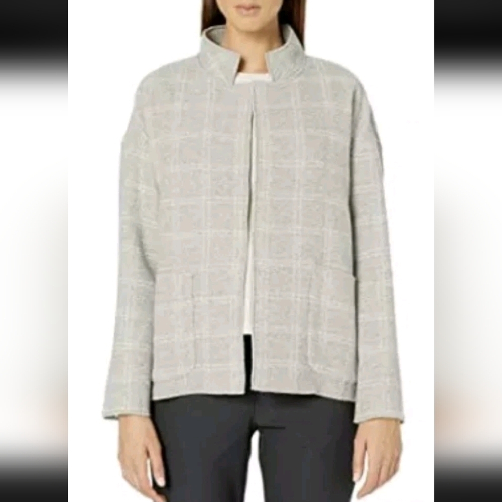 Eileen Fisher Heathered Check Wool-Blend High-Collar Blazer With Pockets Sz M